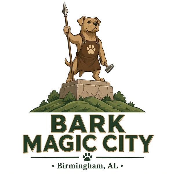Bark Magic City logo: a dog posed like Birmingham's Vulcan statue, holding a spear and hammer and wearing a blacksmith apron, on a stone pedestal atop a green hill, above the words Bark Magic City, Birmingham, AL